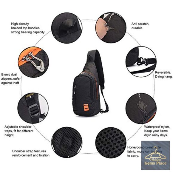 Small Waterproof Sling Backpack Crossbody Daypack with 8 Pockets